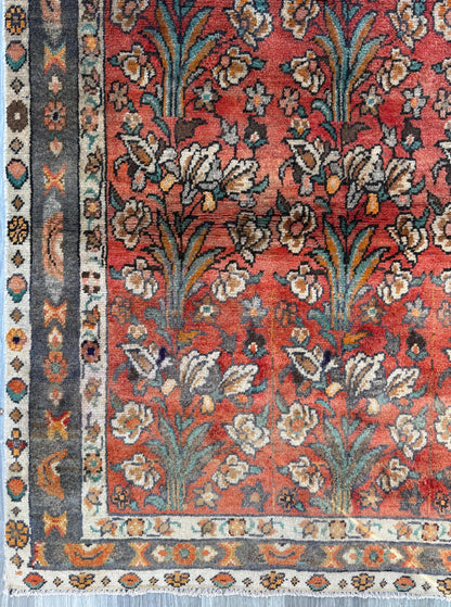 Vintage Turkish Rug 4x6 ft, Hand-Knotted Wool Floral Area Rug, Signed