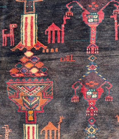 Vintage Turkish Tribal Rug 4x7 ft Hand Knotted Wool Anatolian Geometric Area Rug 1980s