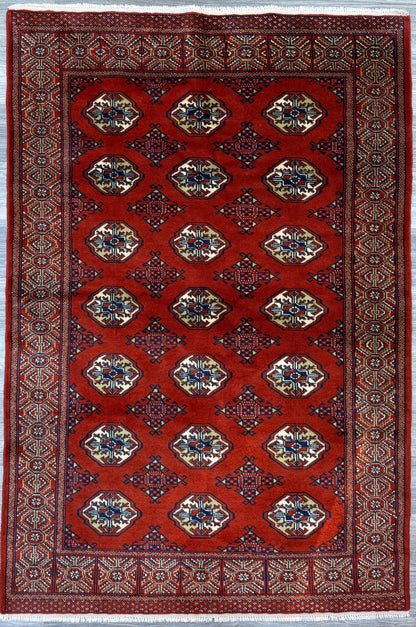 Vintage Pakistani Bokhara Rug 4x6 ft Hand Knotted Wool Red Jhaldar Area Rug