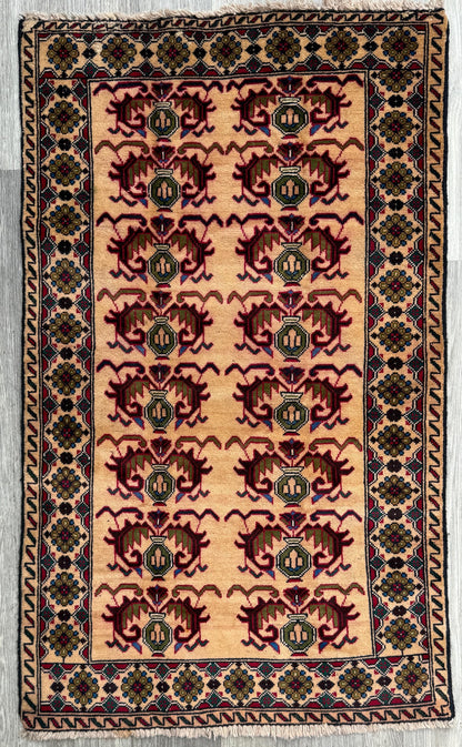 3x5 Vintage Afghan Wool Rug, Hand Knotted Turkmen Style