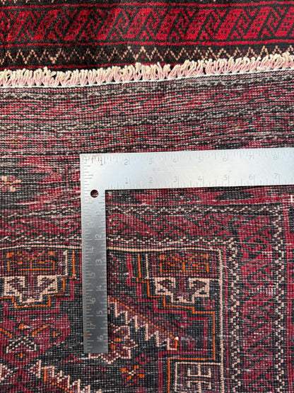 Balouch 6x3 Ft Hand Knotted Wool Rug 1990s Vintage Tribal Runner Dark Red Brown Geometric Boho Hallway Accent Area Floor Covering