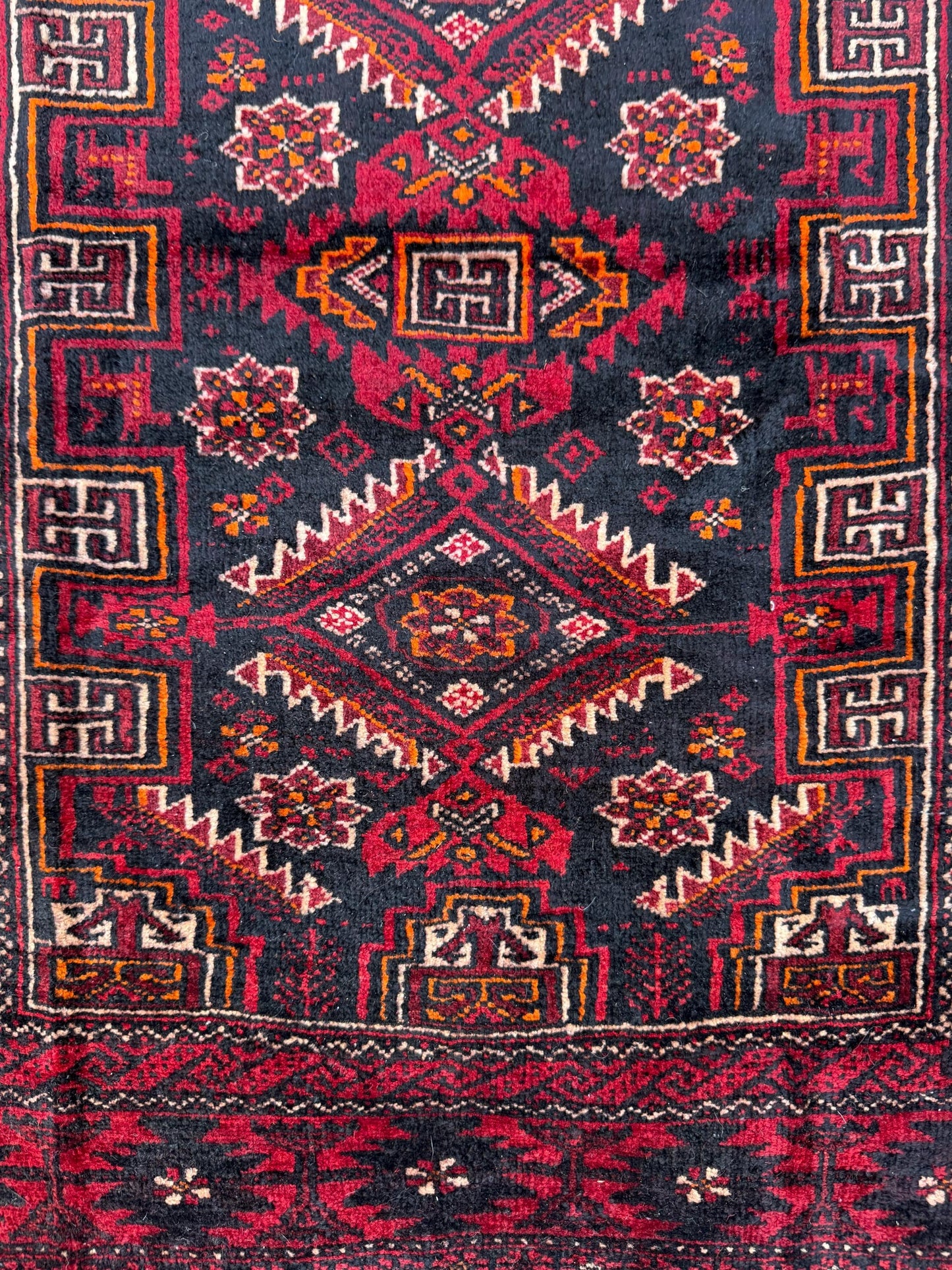 Balouch 6x3 Ft Hand Knotted Wool Rug 1990s Vintage Tribal Runner Dark Red Brown Geometric Boho Hallway Accent Area Floor Covering