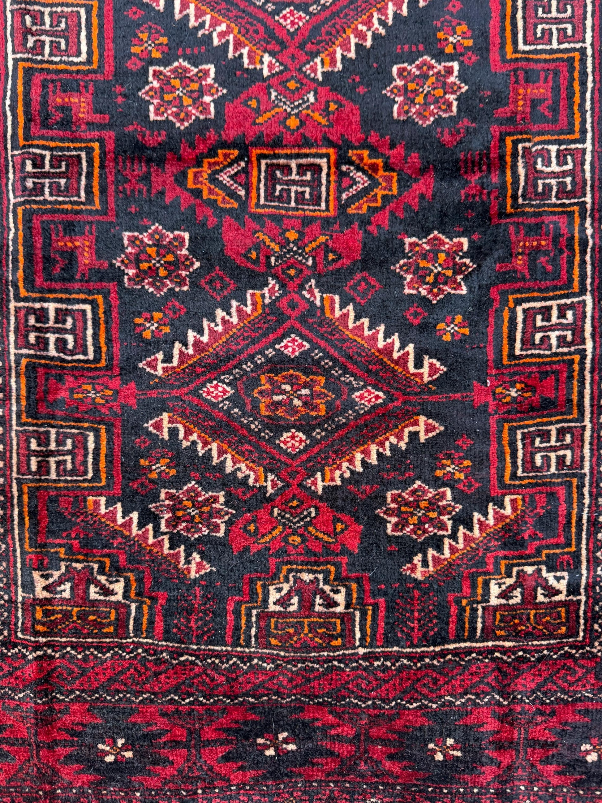 Balouch 6x3 Ft Hand Knotted Wool Rug 1990s Vintage Tribal Runner Dark Red Brown Geometric Boho Hallway Accent Area Floor Covering
