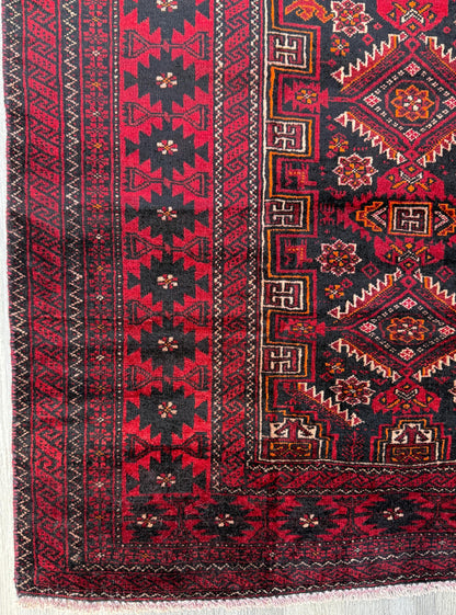 Balouch 6x3 Ft Hand Knotted Wool Rug 1990s Vintage Tribal Runner Dark Red Brown Geometric Boho Hallway Accent Area Floor Covering
