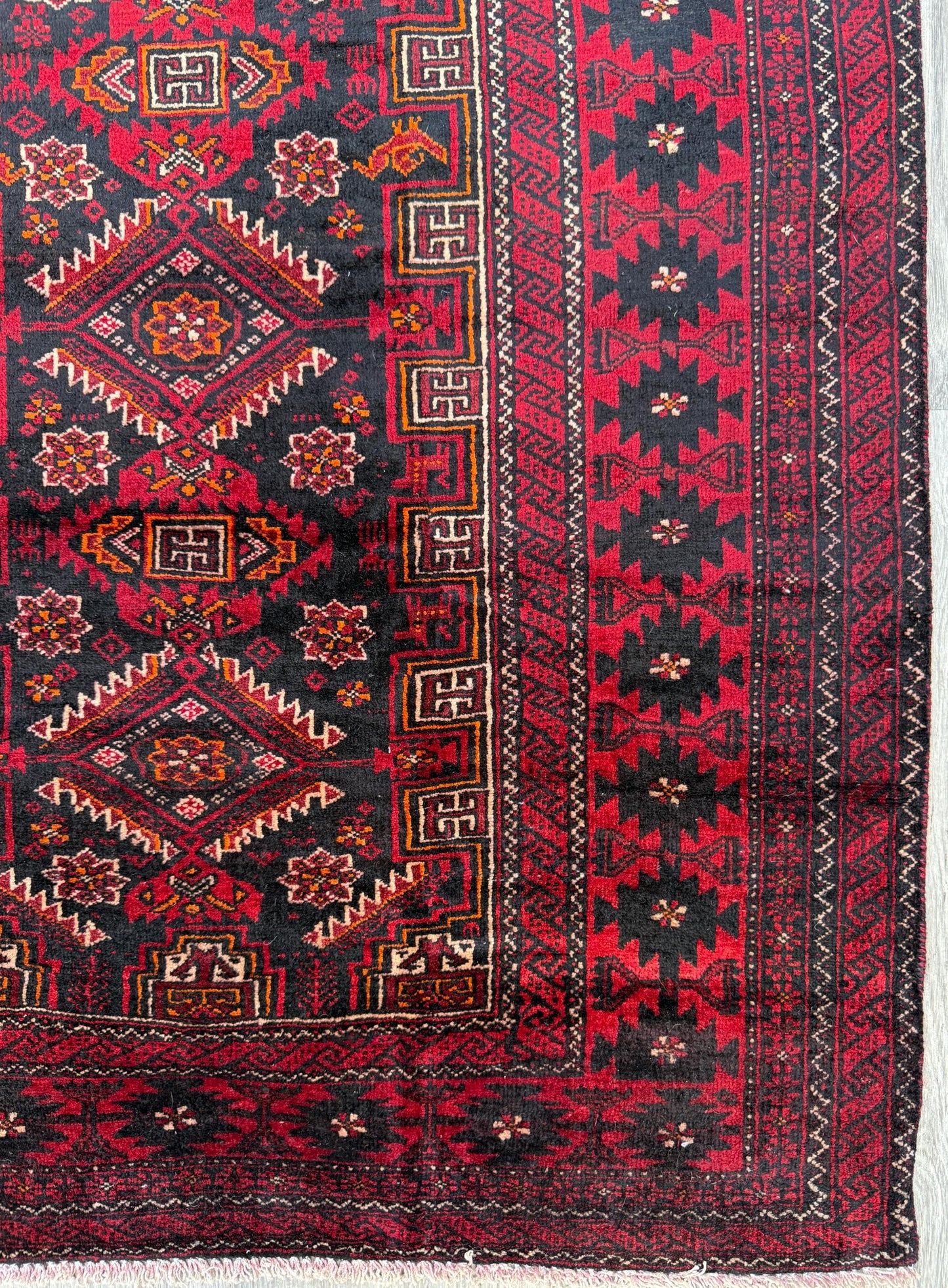 Balouch 6x3 Ft Hand Knotted Wool Rug 1990s Vintage Tribal Runner Dark Red Brown Geometric Boho Hallway Accent Area Floor Covering