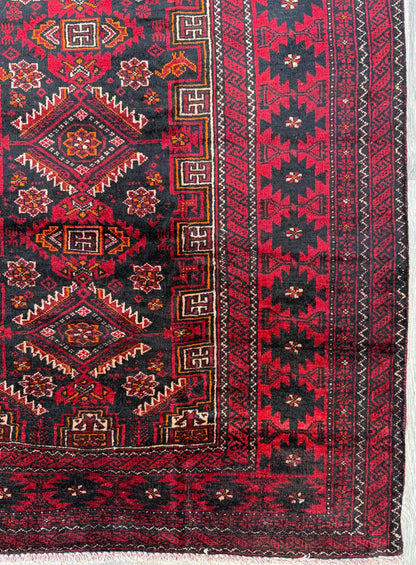 Balouch 6x3 Ft Hand Knotted Wool Rug 1990s Vintage Tribal Runner Dark Red Brown Geometric Boho Hallway Accent Area Floor Covering