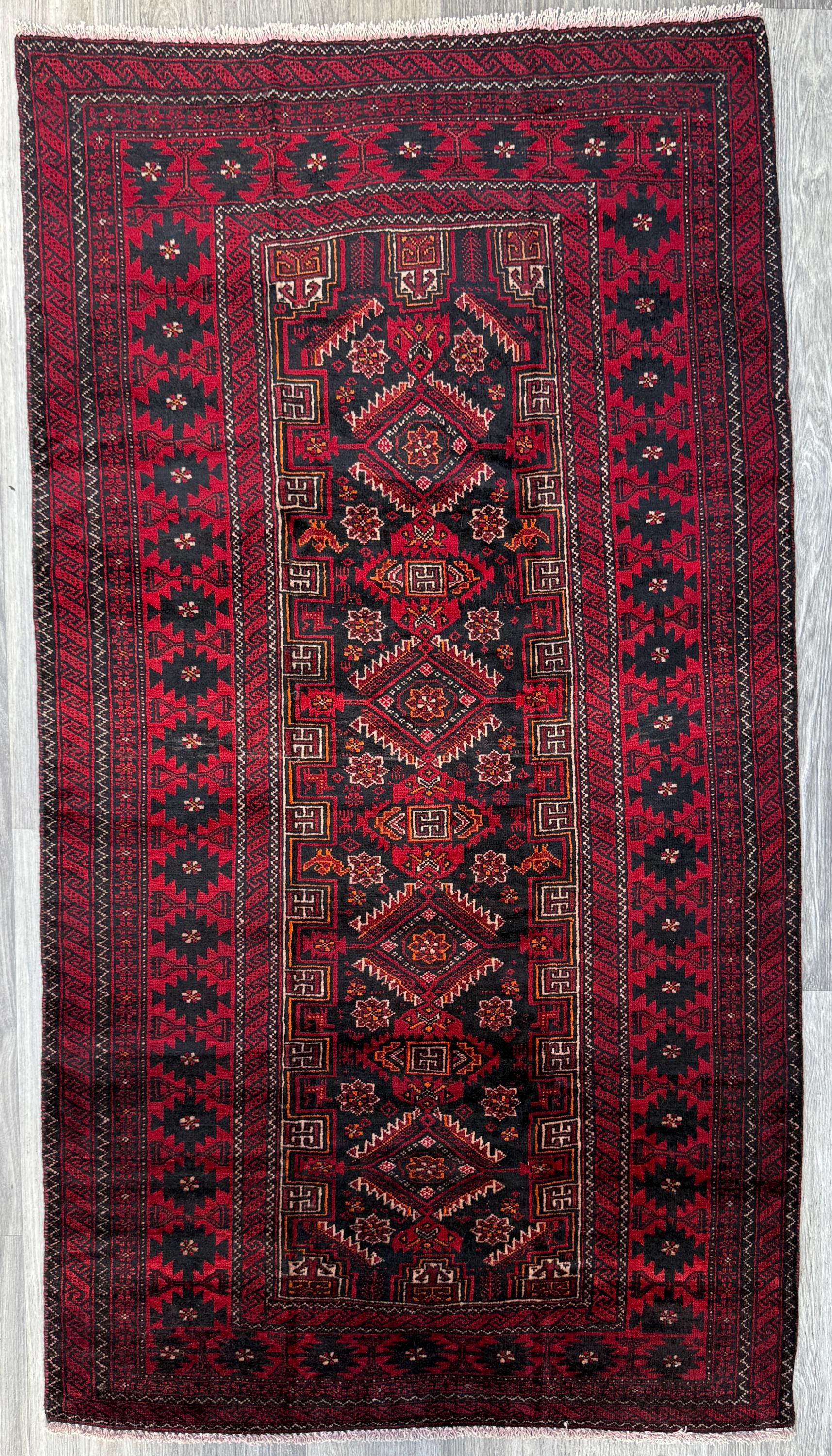 Balouch 6x3 Ft Hand Knotted Wool Rug 1990s Vintage Tribal Runner Dark Red Brown Geometric Boho Hallway Accent Area Floor Covering