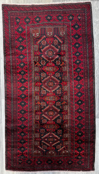 Balouch 6x3 Ft Hand Knotted Wool Rug 1990s Vintage Tribal Runner Dark Red Brown Geometric Boho Hallway Accent Area Floor Covering