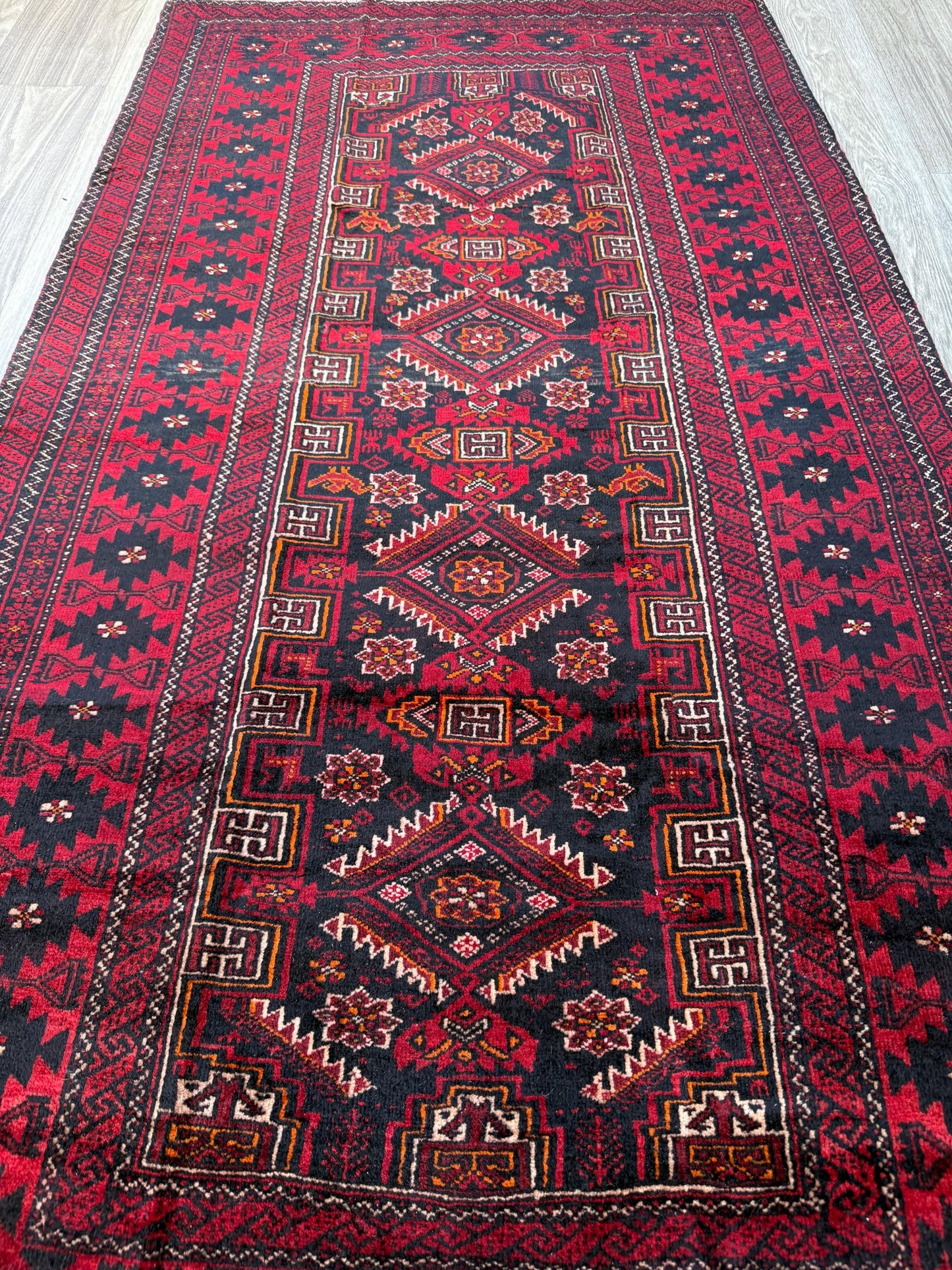 Balouch 6x3 Ft Hand Knotted Wool Rug 1990s Vintage Tribal Runner Dark Red Brown Geometric Boho Hallway Accent Area Floor Covering