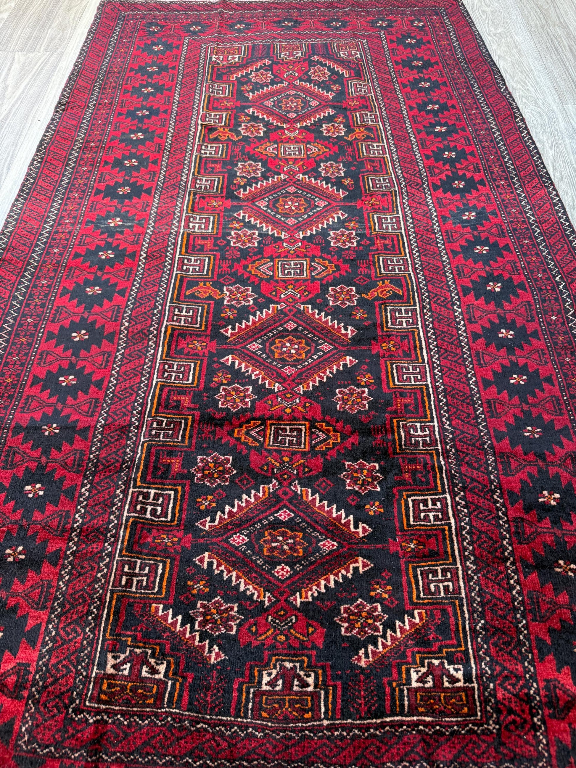 Balouch 6x3 Ft Hand Knotted Wool Rug 1990s Vintage Tribal Runner Dark Red Brown Geometric Boho Hallway Accent Area Floor Covering
