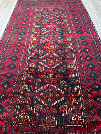Balouch 6x3 Ft Hand Knotted Wool Rug 1990s Vintage Tribal Runner Dark Red Brown Geometric Boho Hallway Accent Area Floor Covering