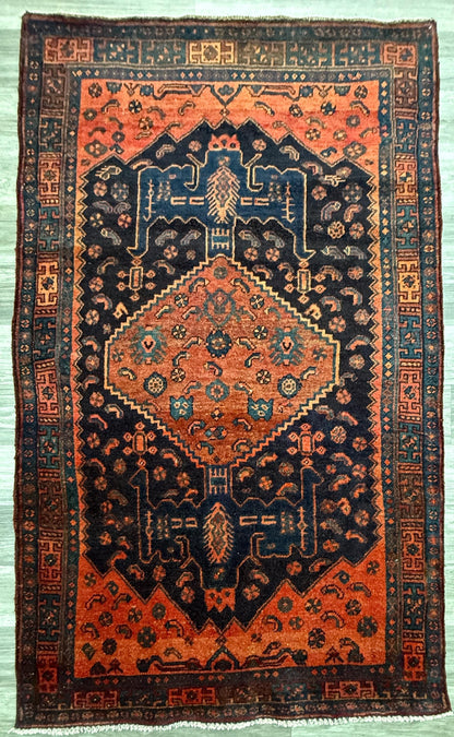 Vintage Turkish Rug 4x7 ft Hand Knotted Authentic Wool Anatolian Geometric Area Rug 1960s Tribal Medallion Carpet