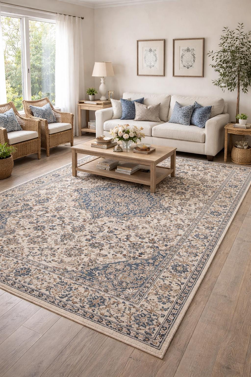 Turkish Beige Vintage Rug 6x10 ft Hand Knotted Wool Anatolian Traditional Area Rug 1970s Floral Medallion Carpet