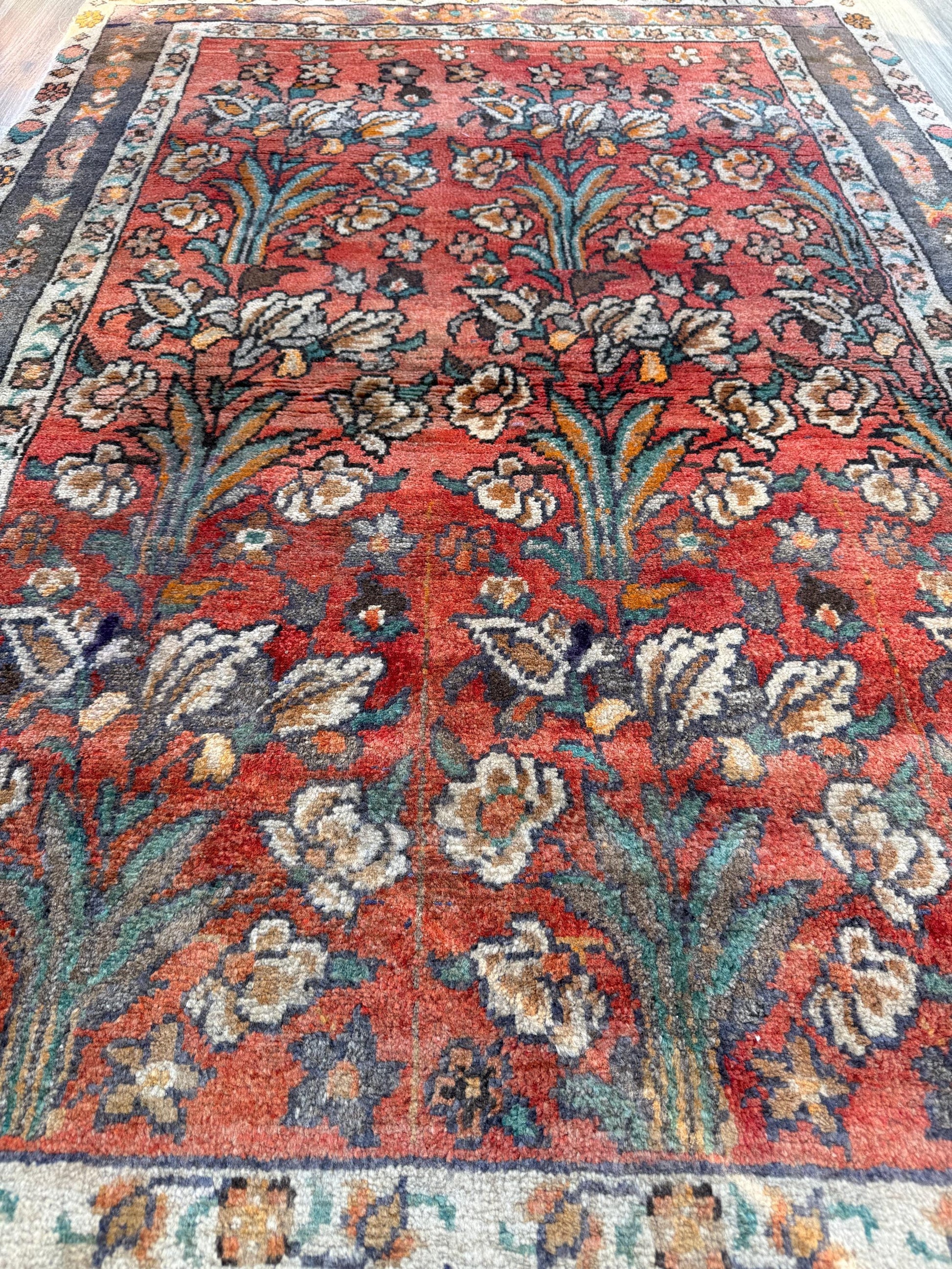 Vintage Turkish Rug 4x6 ft, Hand-Knotted Wool Floral Area Rug, Signed