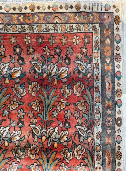 Vintage Turkish Rug 4x6 ft, Hand-Knotted Wool Floral Area Rug, Signed