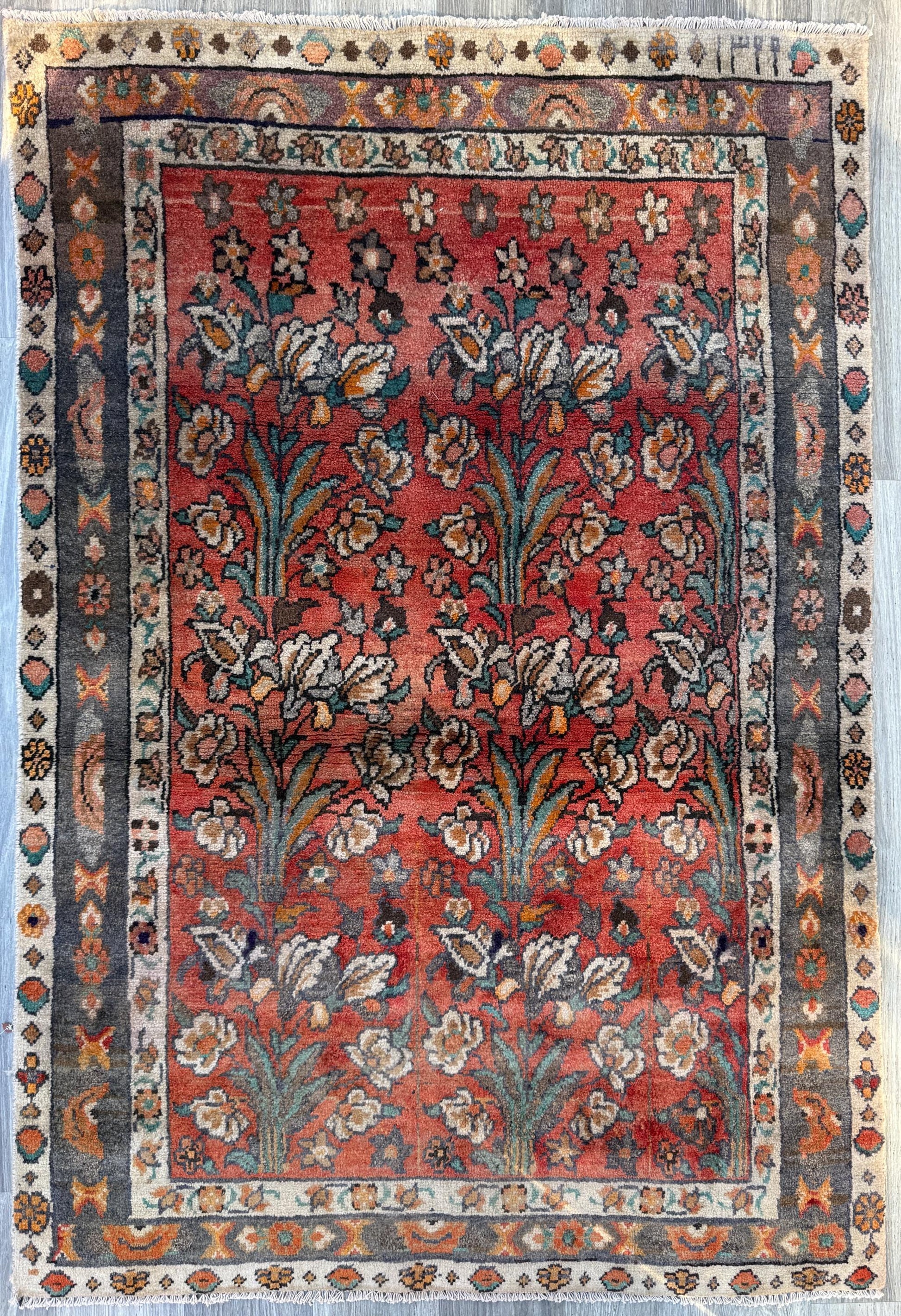 Vintage Turkish Rug 4x6 ft, Hand-Knotted Wool Floral Area Rug, Signed