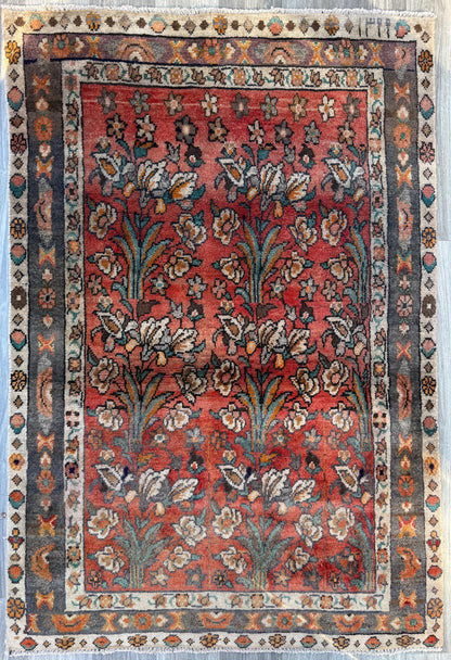 Vintage Turkish Rug 4x6 ft, Hand-Knotted Wool Floral Area Rug, Signed