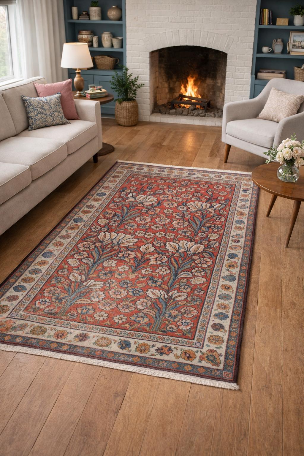 Vintage Turkish Rug 4x6 ft, Hand-Knotted Wool Floral Area Rug, Signed