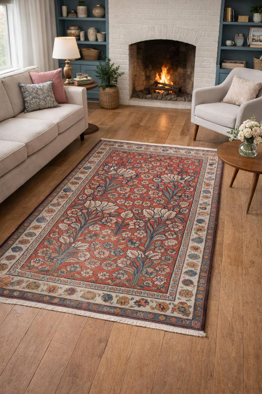 Vintage Turkish Rug 4x6 ft, Hand-Knotted Wool Floral Area Rug, Signed