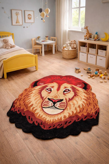 Handmade Wool Lion Rug: 4x4 Kids Nursery Play Mat