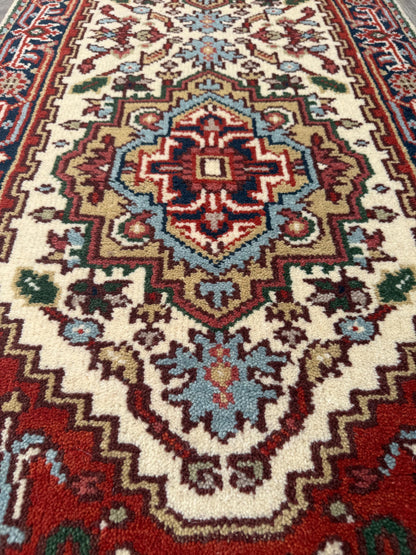 Turkish Heriz Serapi Rug 2.6x6 ft Geometric Wool Area Rug Modern Serapi Color Palette