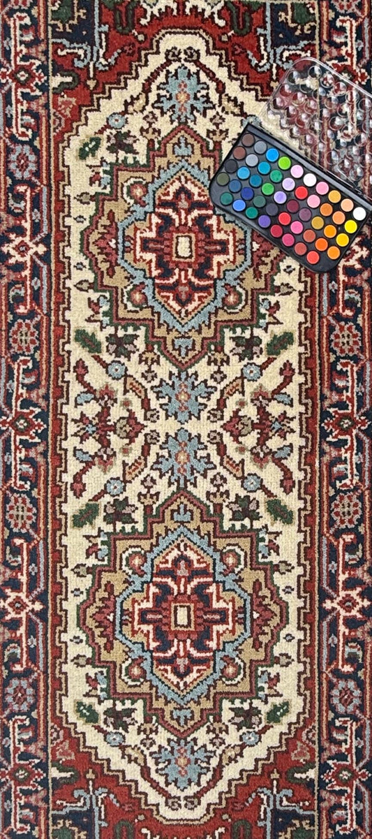 Turkish Heriz Serapi Rug 2.6x6 ft Geometric Wool Area Rug Modern Serapi Color Palette
