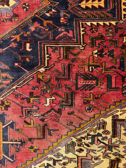 Vintage Turkish Rug 7.3x10.6 ft – Hand Knotted Anatolian Tribal Geometric Area Rug – Authentic 1970s Wool Carpet