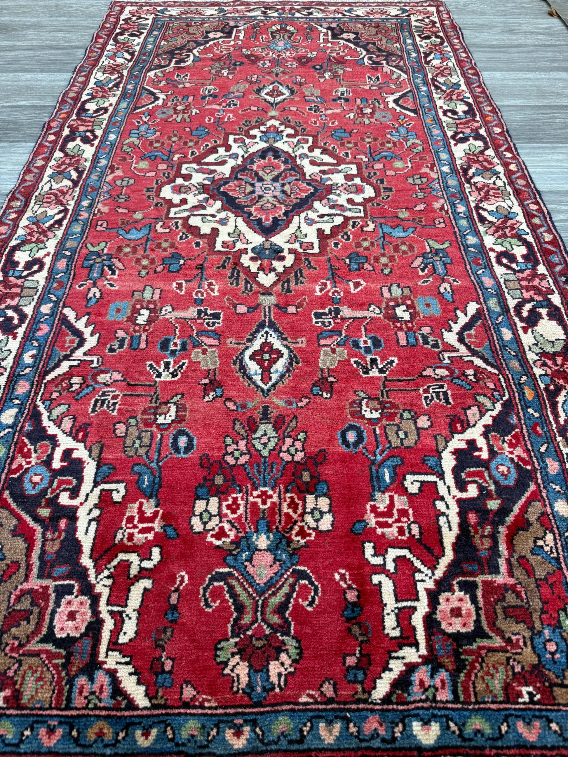 Vintage Turkish Rug 3.7x7.2 ft Hand Knotted Anatolian Tribal Geometric Runner 1960s