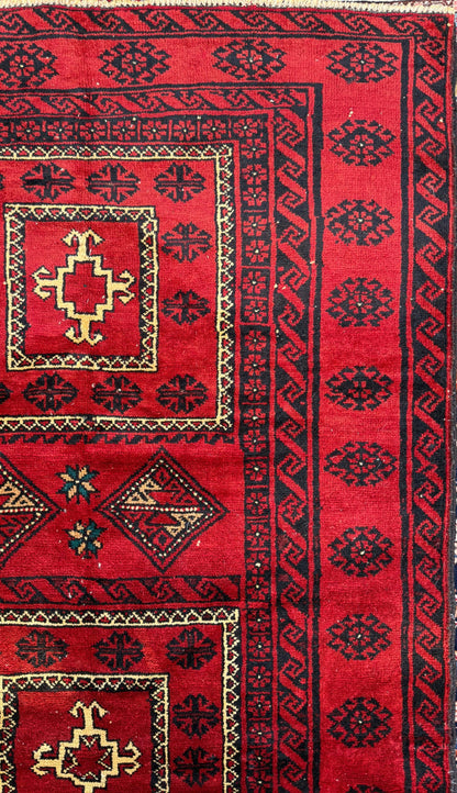 Vintage Hand-Knotted Wool Rug – 4.4x8.3 ft Geometric Tribal Anatolian Carpet