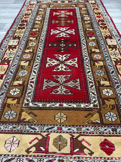 Hand Knotted Wool Kurdi Rug – 7x4 ft Geometric Tribal Area Rug 1990s
