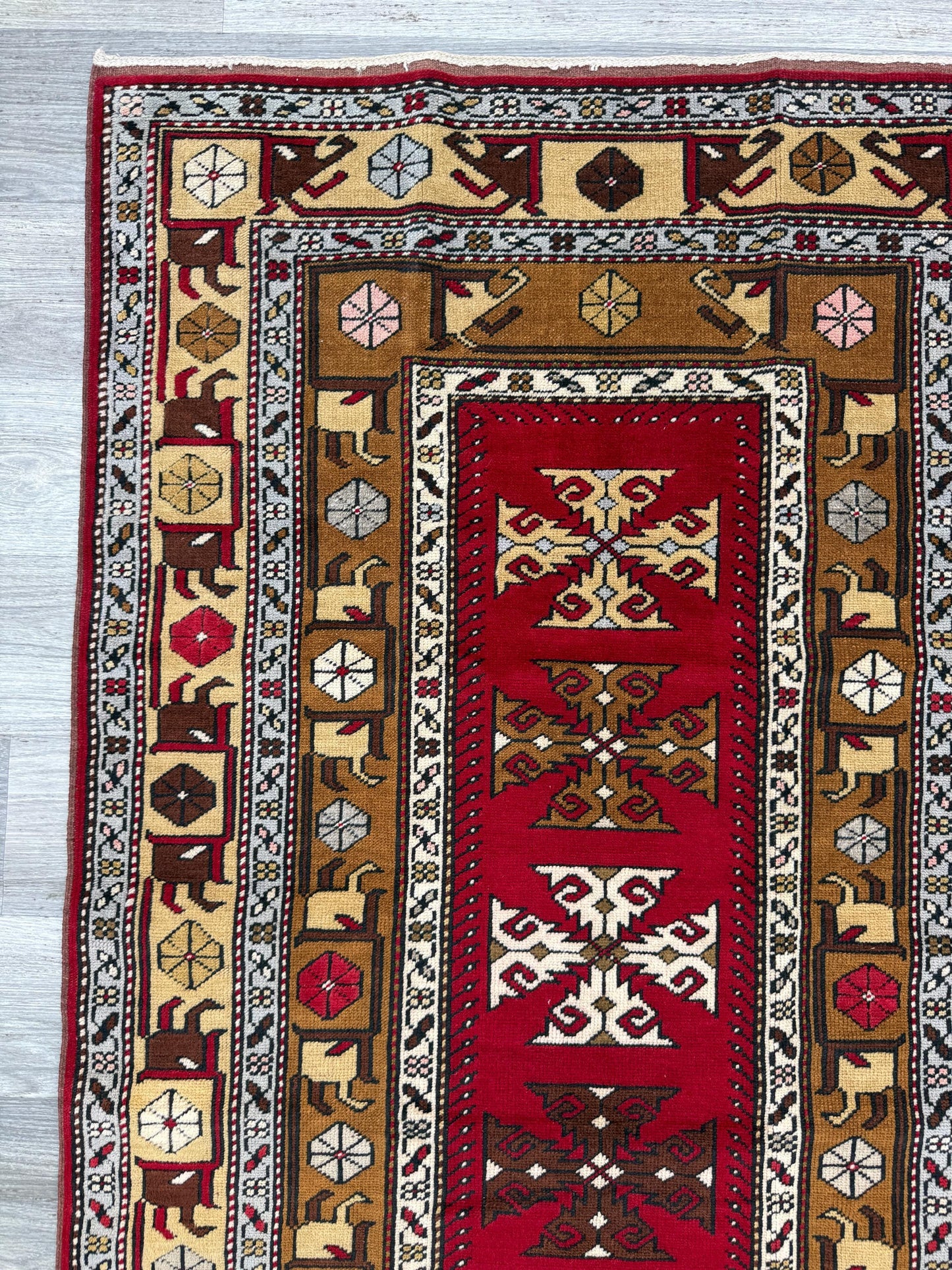 Hand Knotted Wool Kurdi Rug – 7x4 ft Geometric Tribal Area Rug 1990s