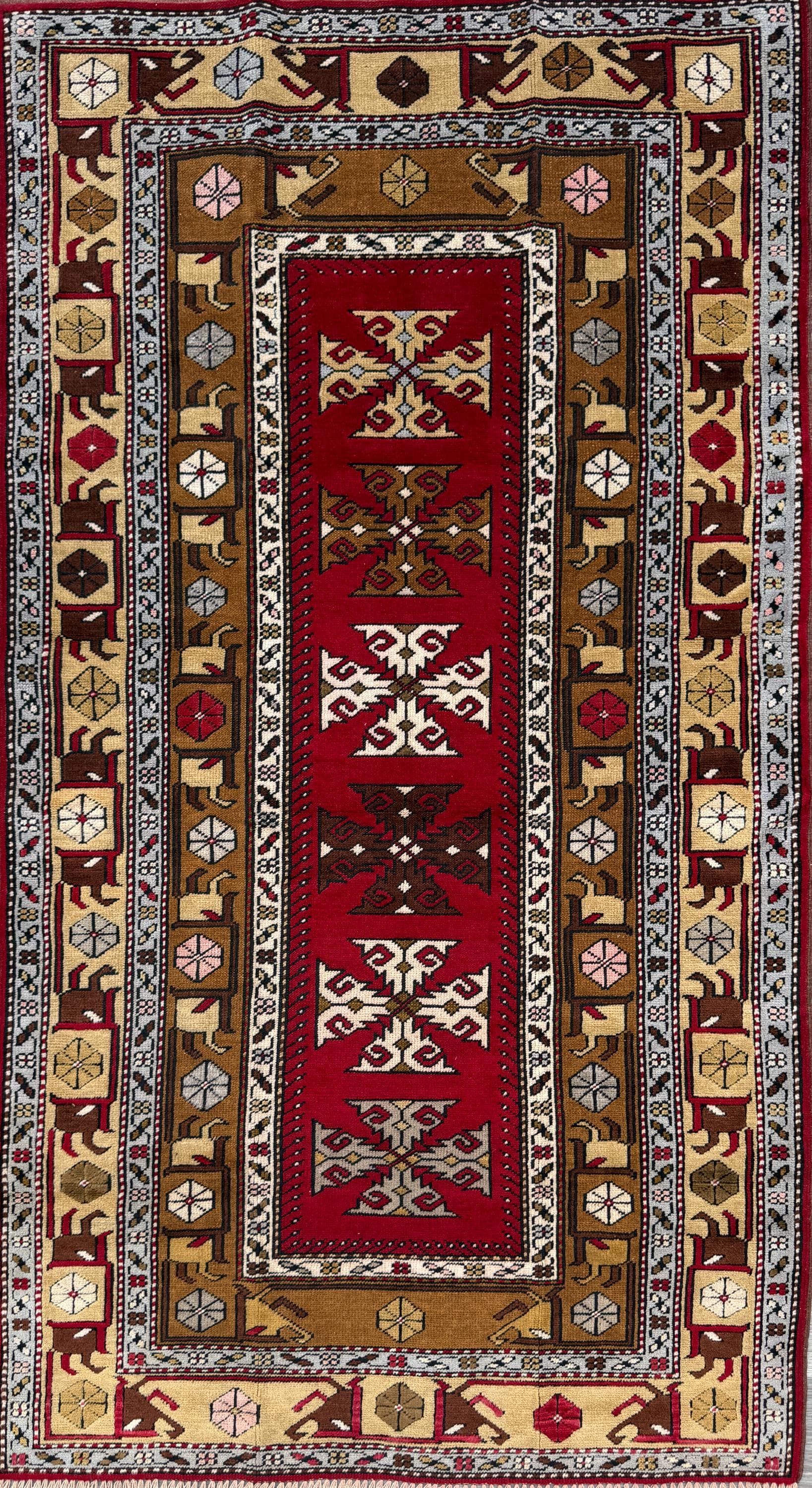 Hand Knotted Wool Kurdi Rug – 7x4 ft Geometric Tribal Area Rug 1990s