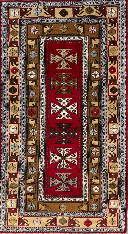 Hand Knotted Wool Kurdi Rug – 7x4 ft Geometric Tribal Area Rug 1990s