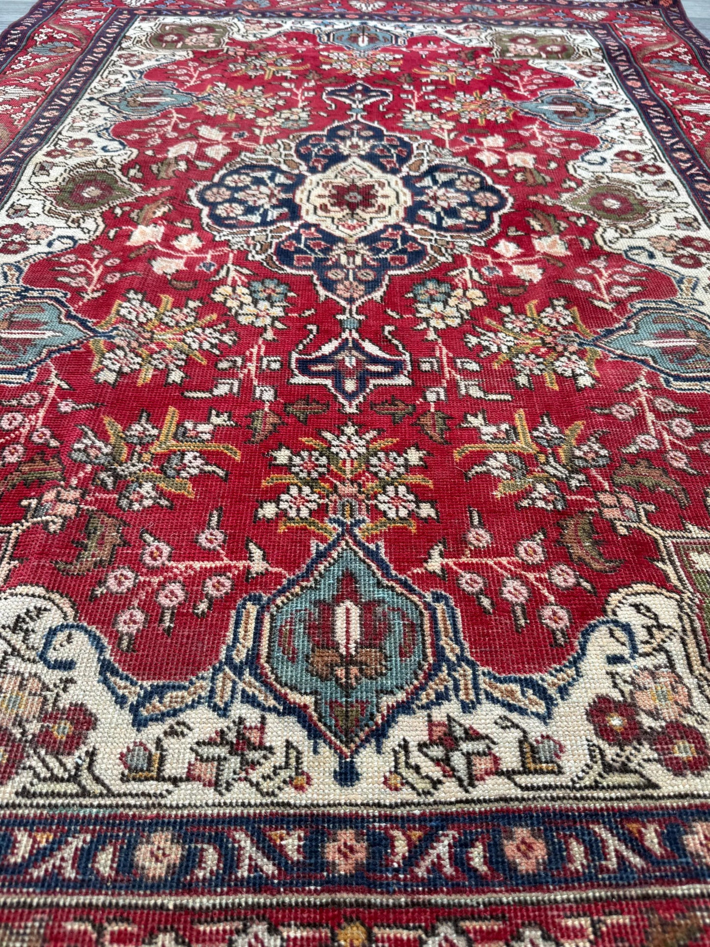 Vintage Hand Knotted Wool Area Rug – 1980s Tribal Geometric Tabriz Design 6.1 × 4.4 ft