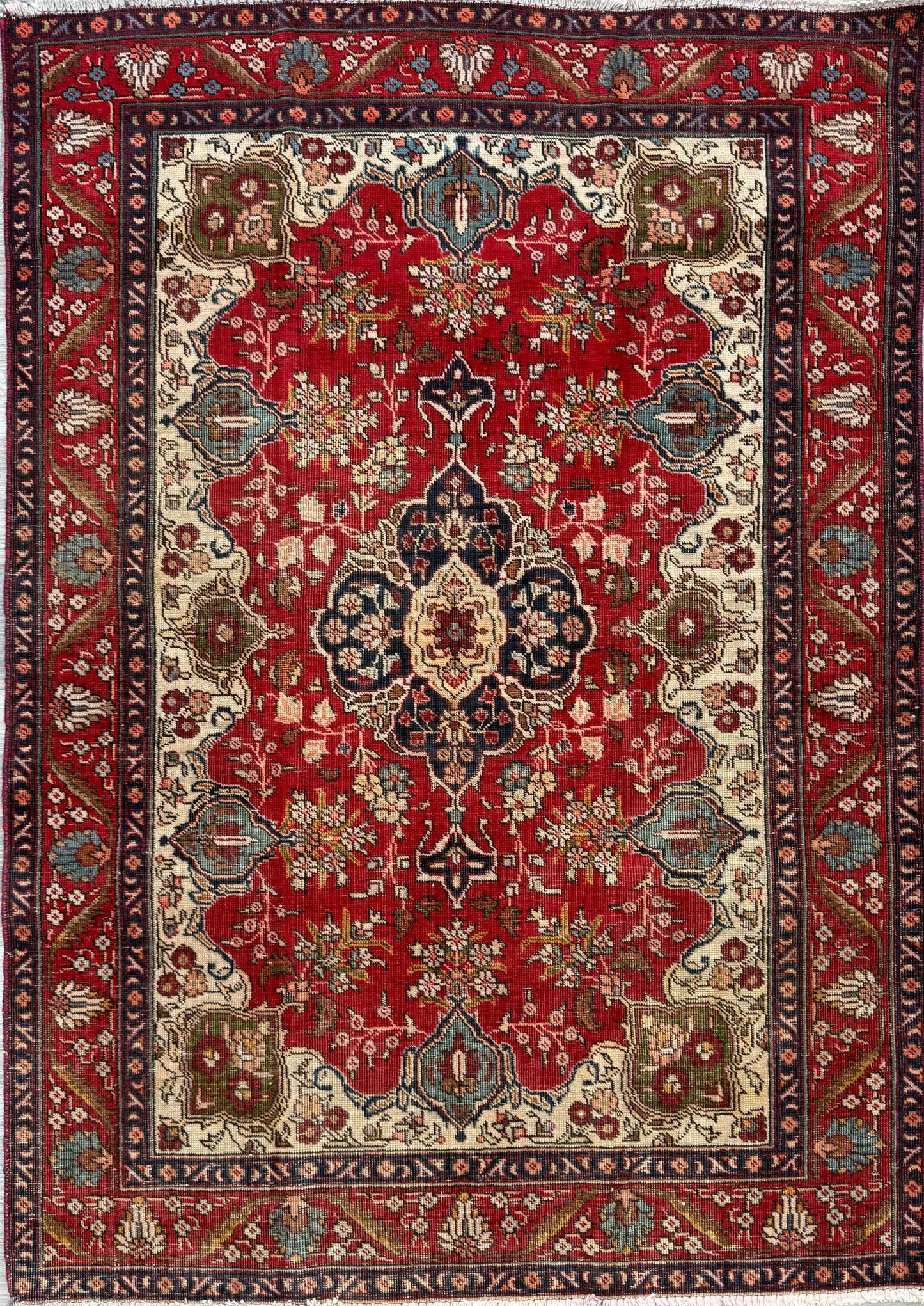 Vintage Hand Knotted Wool Area Rug – 1980s Tribal Geometric Tabriz Design 6.1 × 4.4 ft