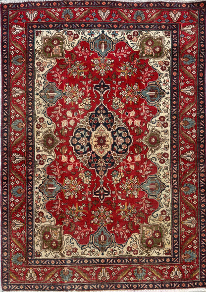 Vintage Hand Knotted Wool Area Rug – 1980s Tribal Geometric Tabriz Design 6.1 × 4.4 ft
