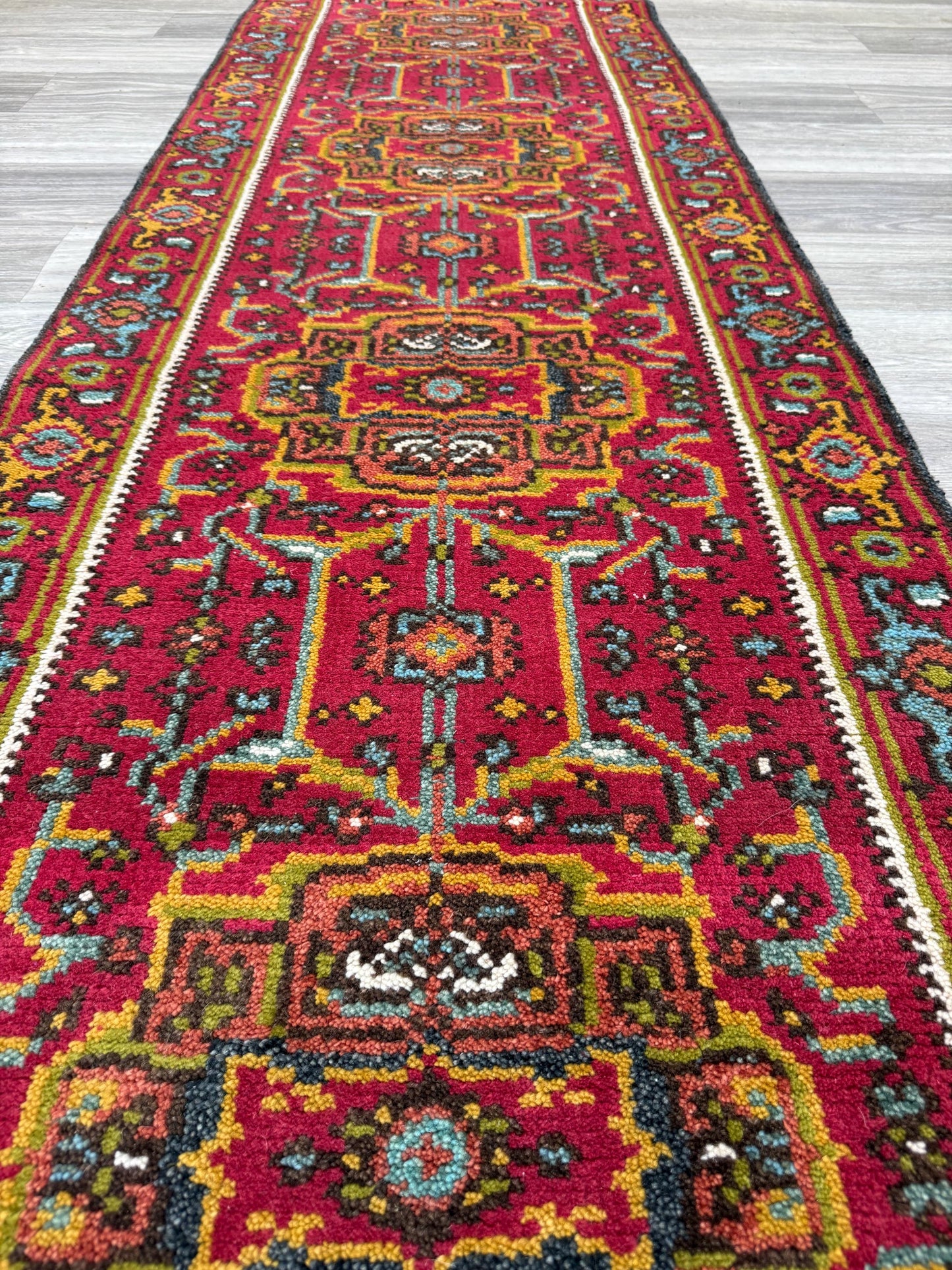 Turkish Oushak Rug 2.6x10 ft Wool Runner – Multicolored Geometric Bohemian Rug – Handmade Contemporary Design