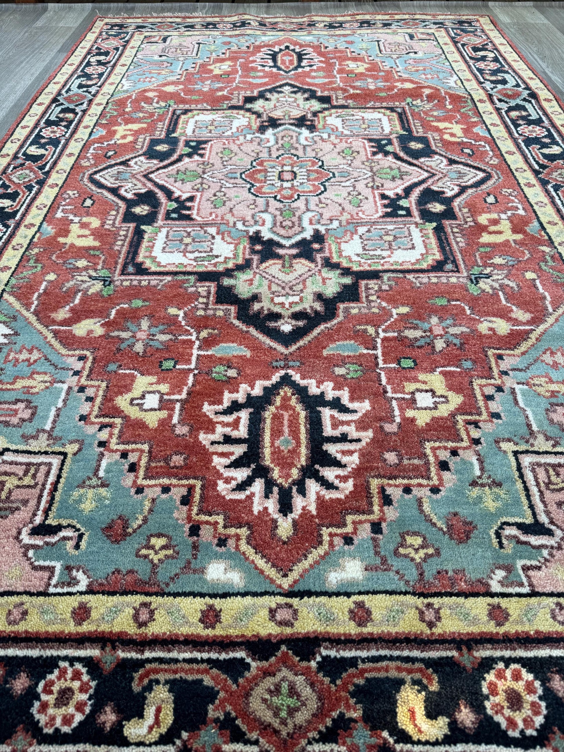 Handmade Wool Oushak Rug – Multicolored Geometric Bohemian Area Rug 5x8 ft