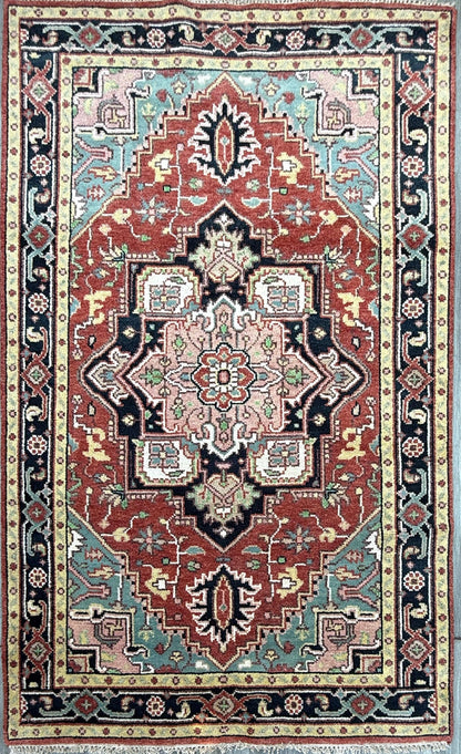 Handmade Wool Oushak Rug – Multicolored Geometric Bohemian Area Rug 5x8 ft