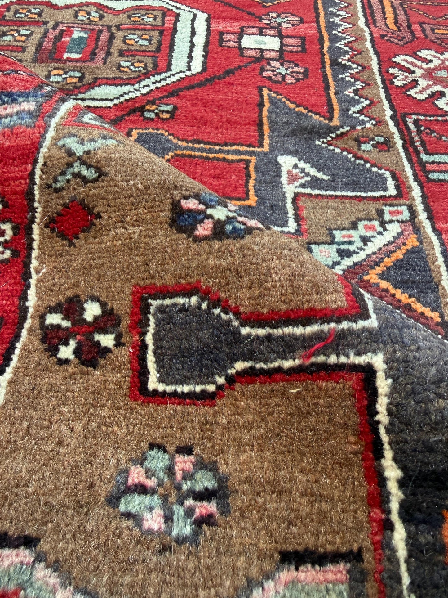 Vintage Turkish Rug 3.6x10.1 ft Hand Knotted Wool Anatolian Geometric Runner 1970s
