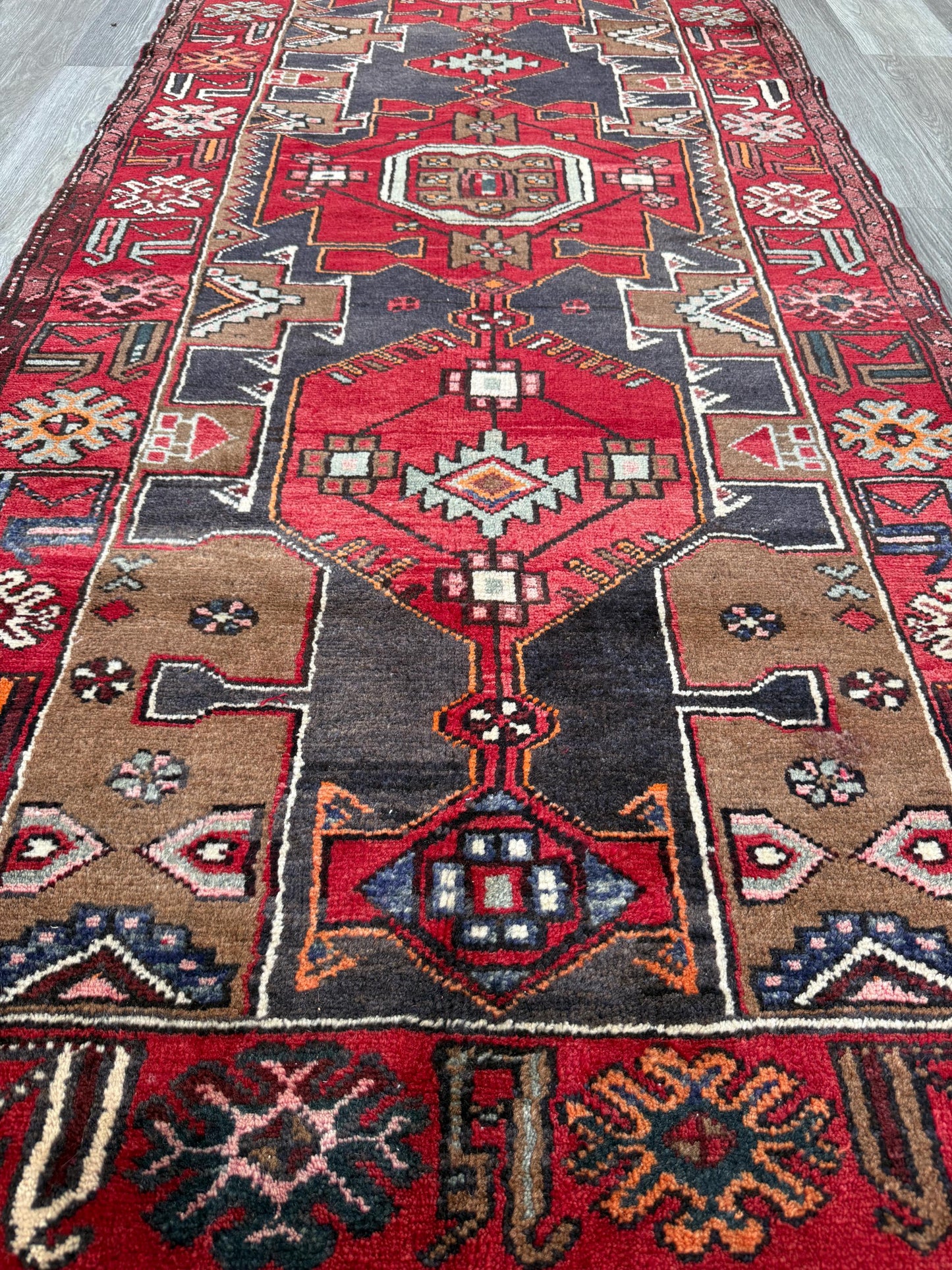 Vintage Turkish Rug 3.6x10.1 ft Hand Knotted Wool Anatolian Geometric Runner 1970s