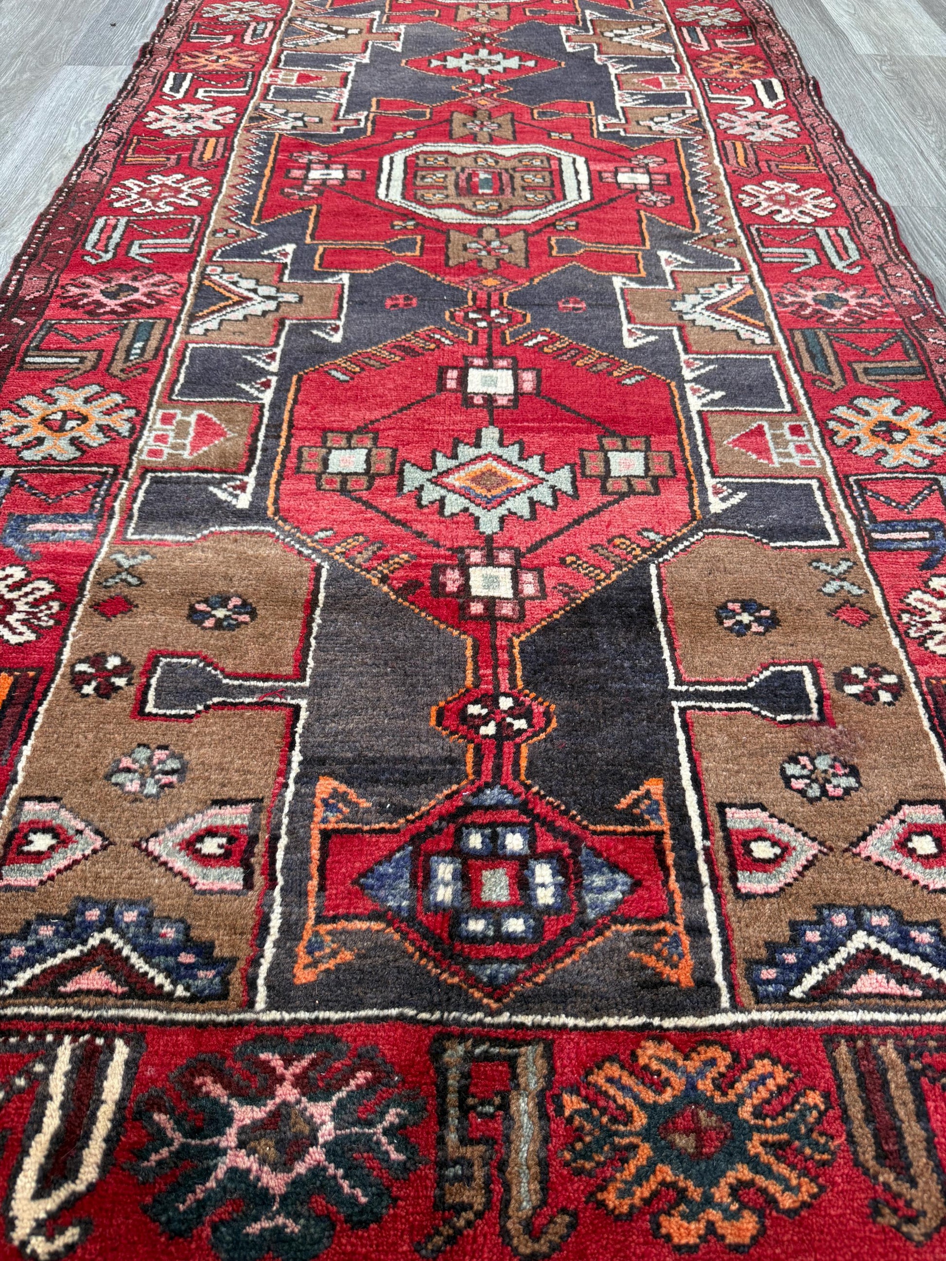 Vintage Turkish Rug 3.6x10.1 ft Hand Knotted Wool Anatolian Geometric Runner 1970s