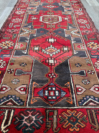Vintage Turkish Rug 3.6x10.1 ft Hand Knotted Wool Anatolian Geometric Runner 1970s
