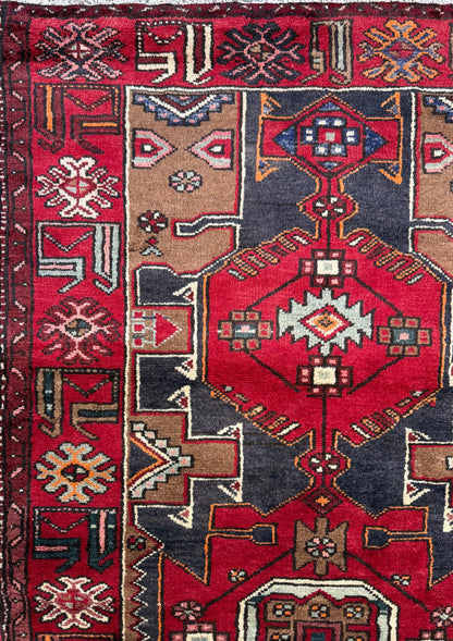 Vintage Turkish Rug 3.6x10.1 ft Hand Knotted Wool Anatolian Geometric Runner 1970s