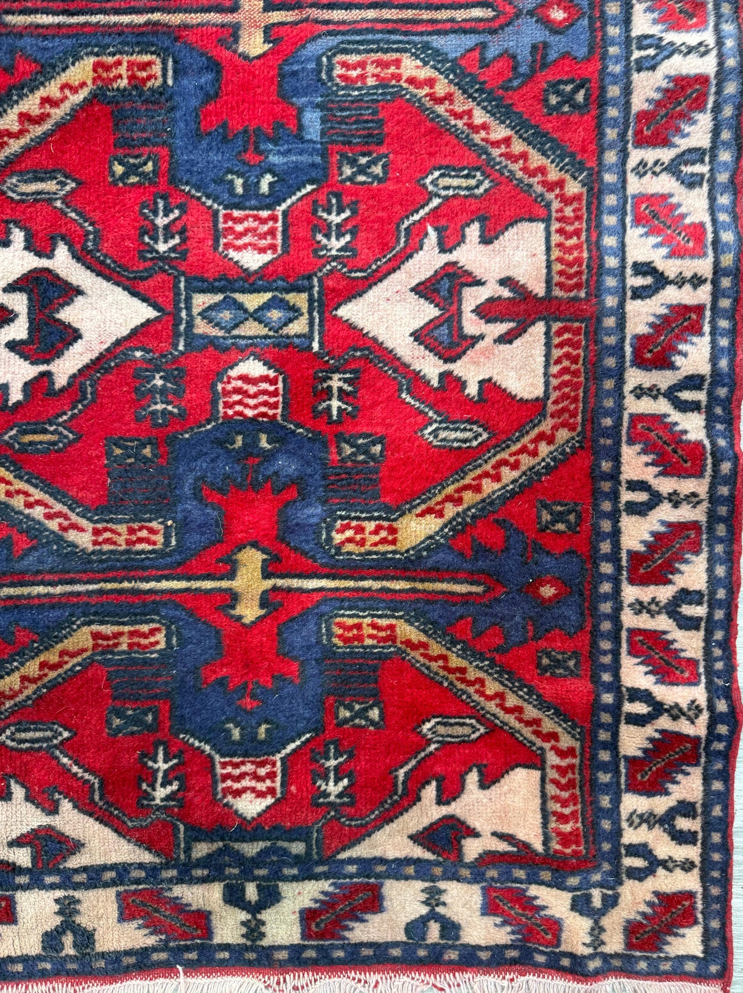 Vintage Kazak Style Rug 3x6 ft Hand Knotted Wool Tribal Geometric Area Rug 1980s