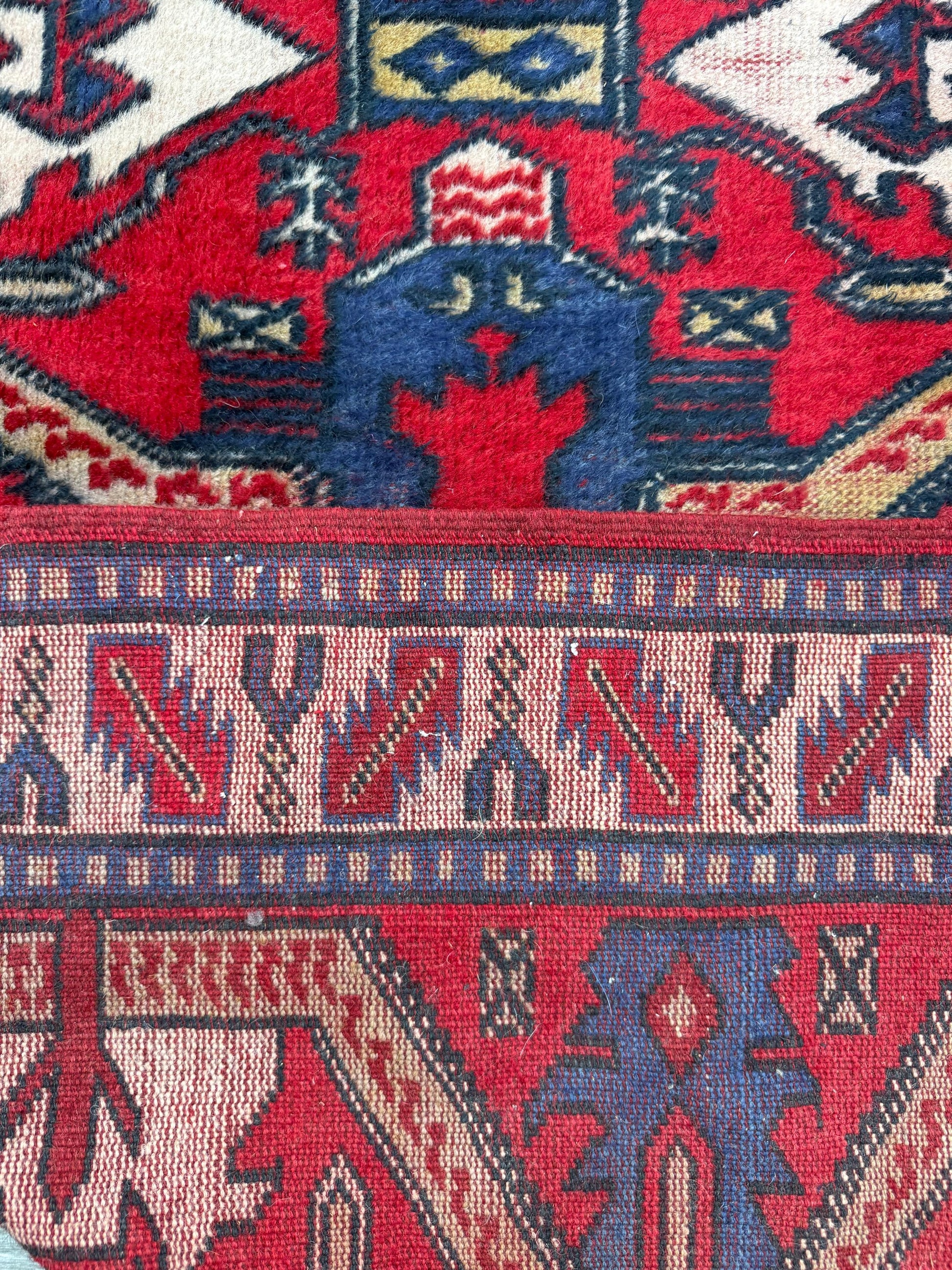 Vintage Kazak Style Rug 3x6 ft Hand Knotted Wool Tribal Geometric Area Rug 1980s
