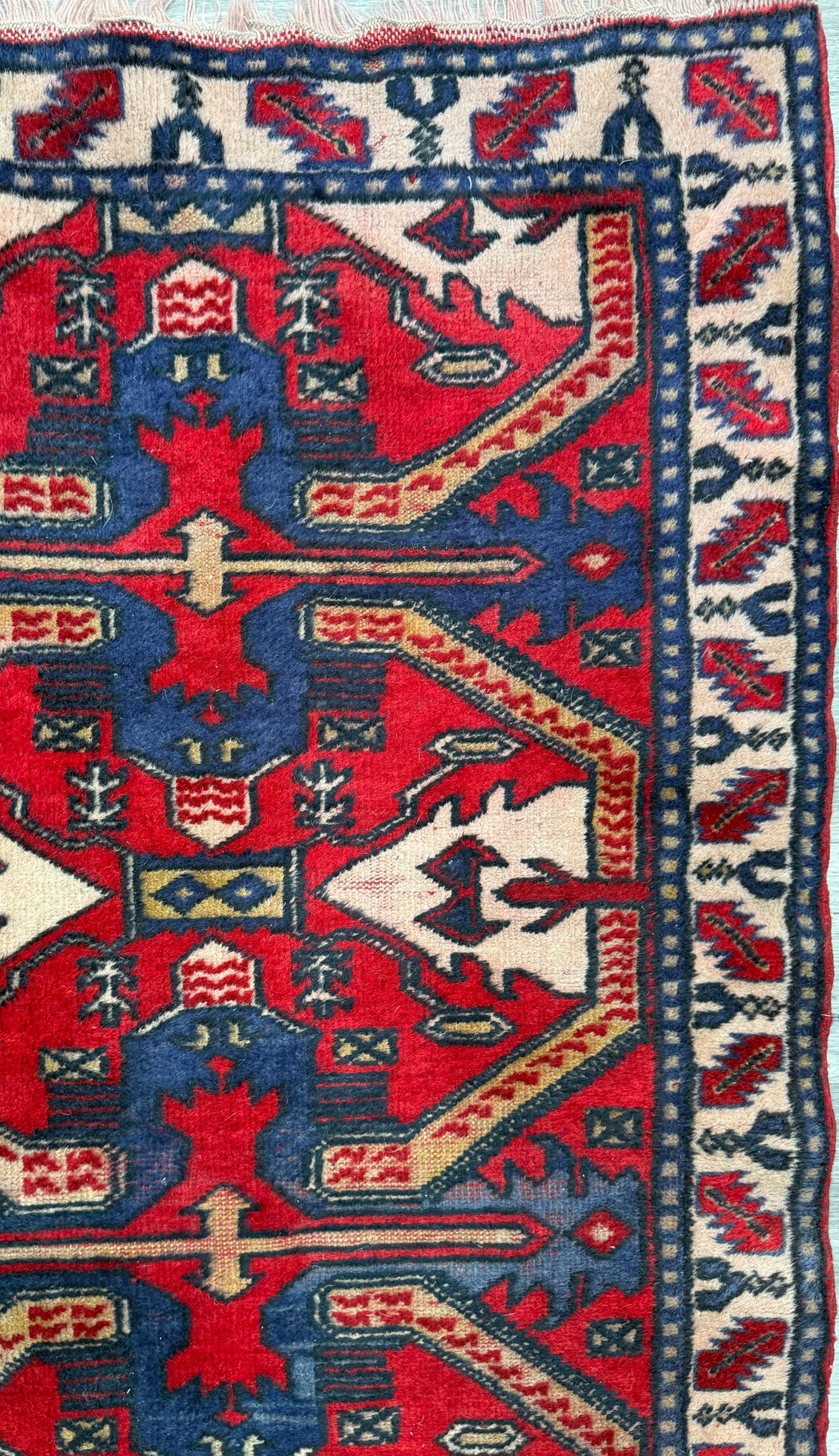 Vintage Kazak Style Rug 3x6 ft Hand Knotted Wool Tribal Geometric Area Rug 1980s