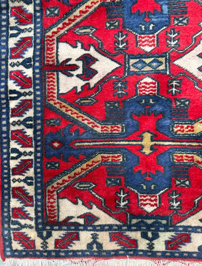 Vintage Kazak Style Rug 3x6 ft Hand Knotted Wool Tribal Geometric Area Rug 1980s