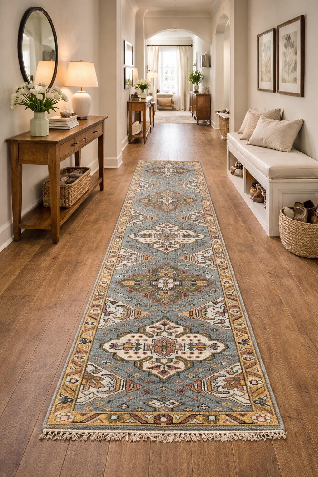 Turkish Oushak Rug 2.6x10.4 ft Handmade Multicolored Wool Runner Modern Bohemian Area Rug