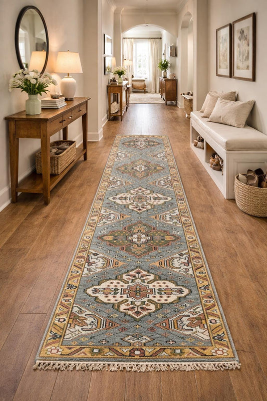 Turkish Oushak Rug 2.6x10.4 ft Handmade Multicolored Wool Runner Modern Bohemian Area Rug